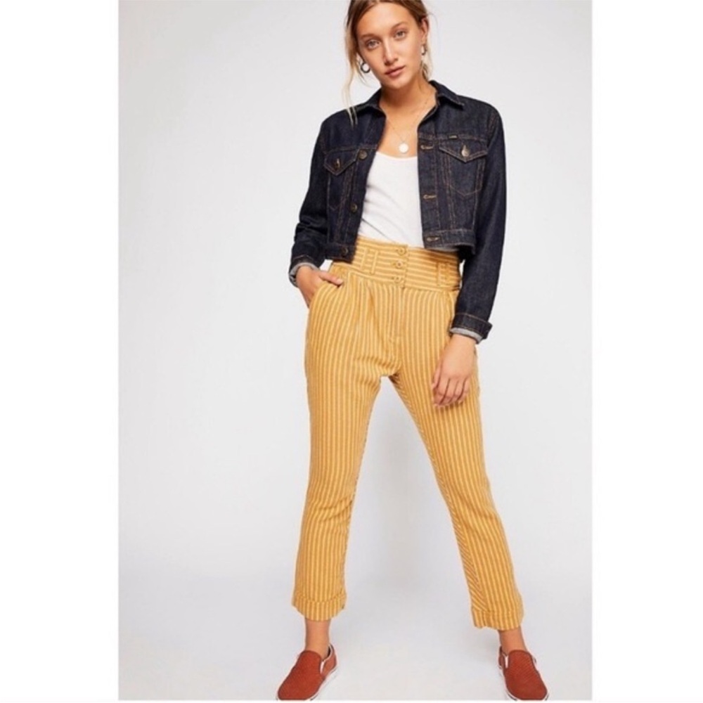 Free People Rumors Harem Pants Mustard with Cream Stripes High Waist Women’s 2